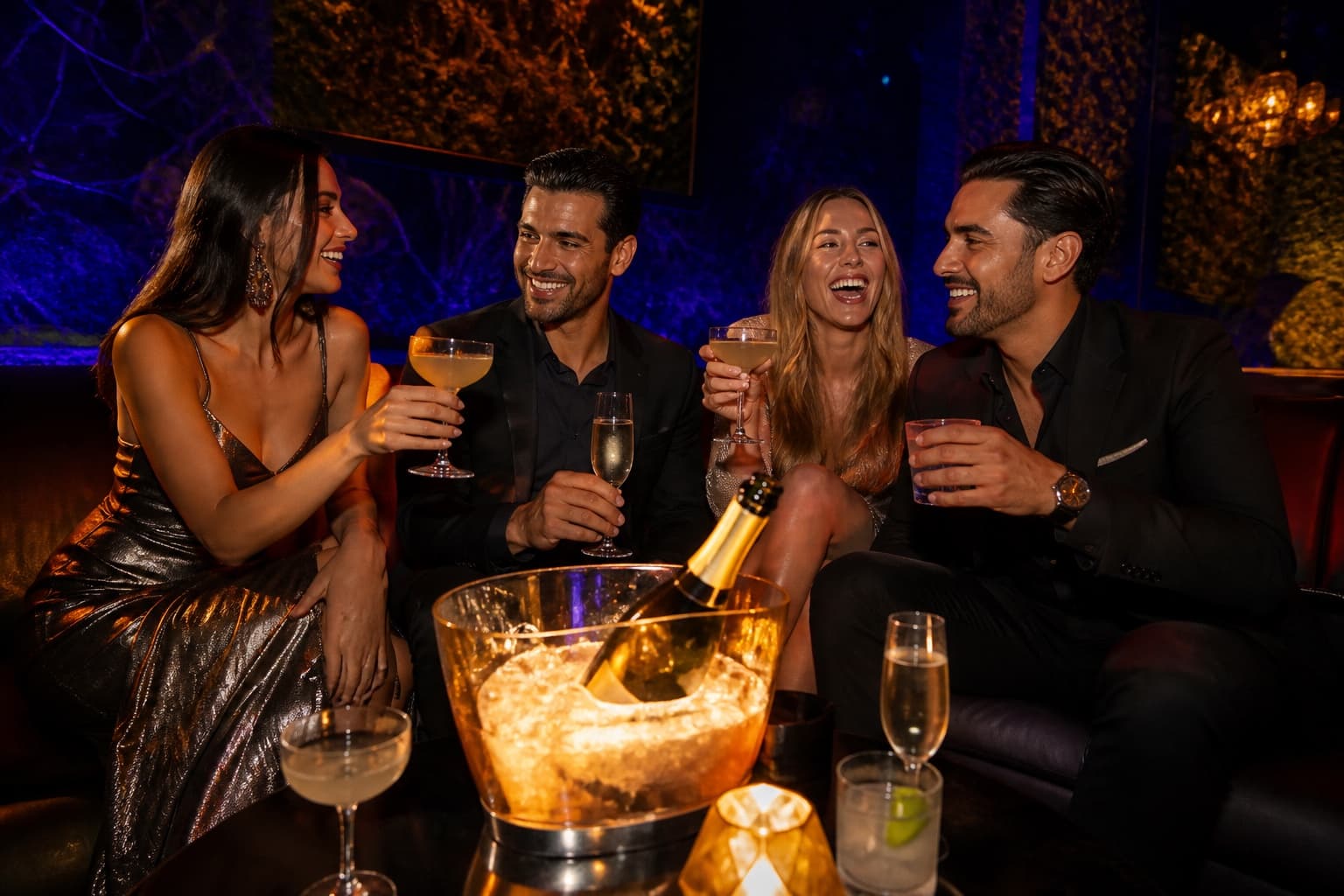 Friends celebrating around a premium Miami nightlife table with bottle service