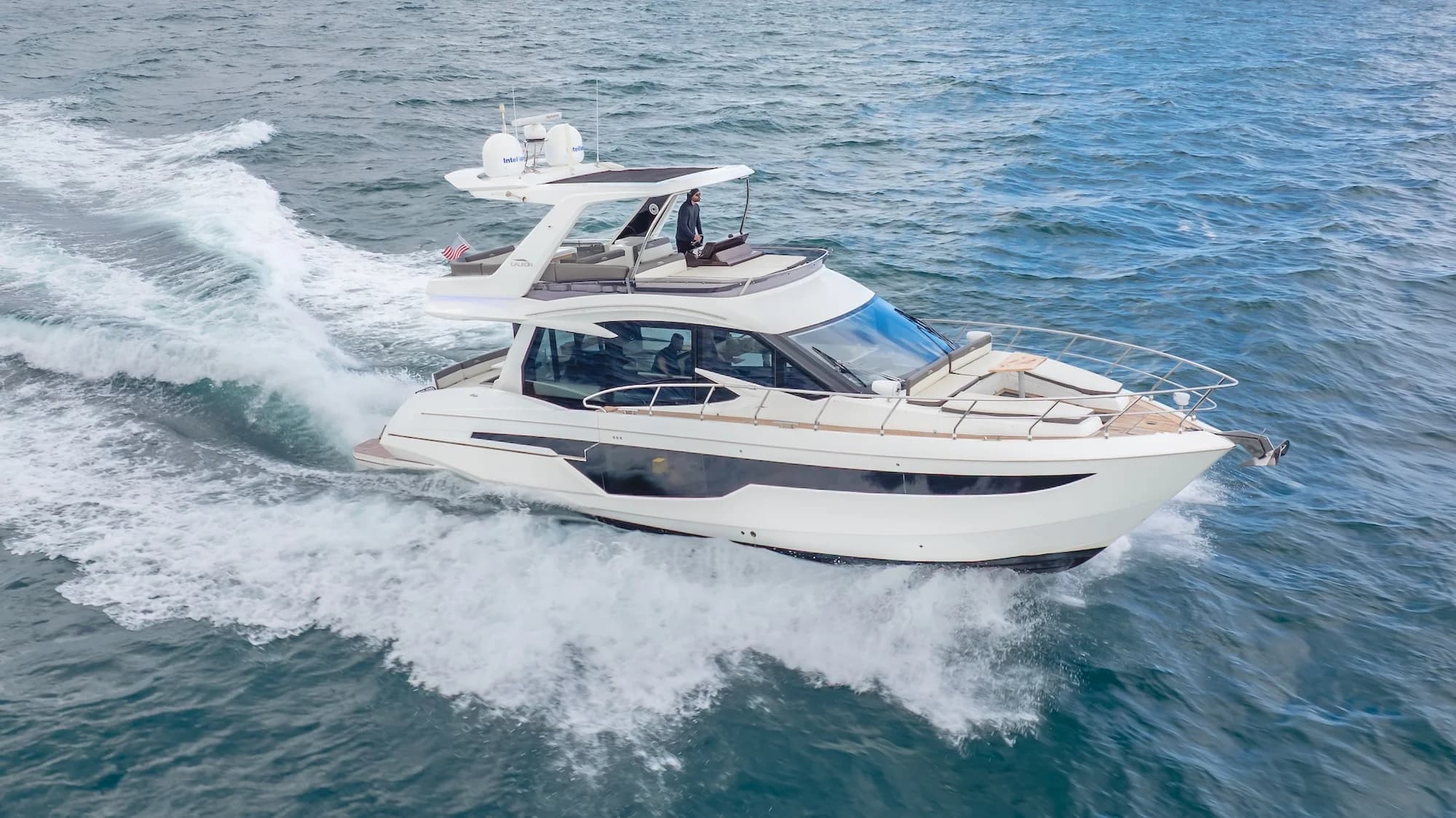 53-foot Galeon exterior underway on the exact Miami charter yacht.