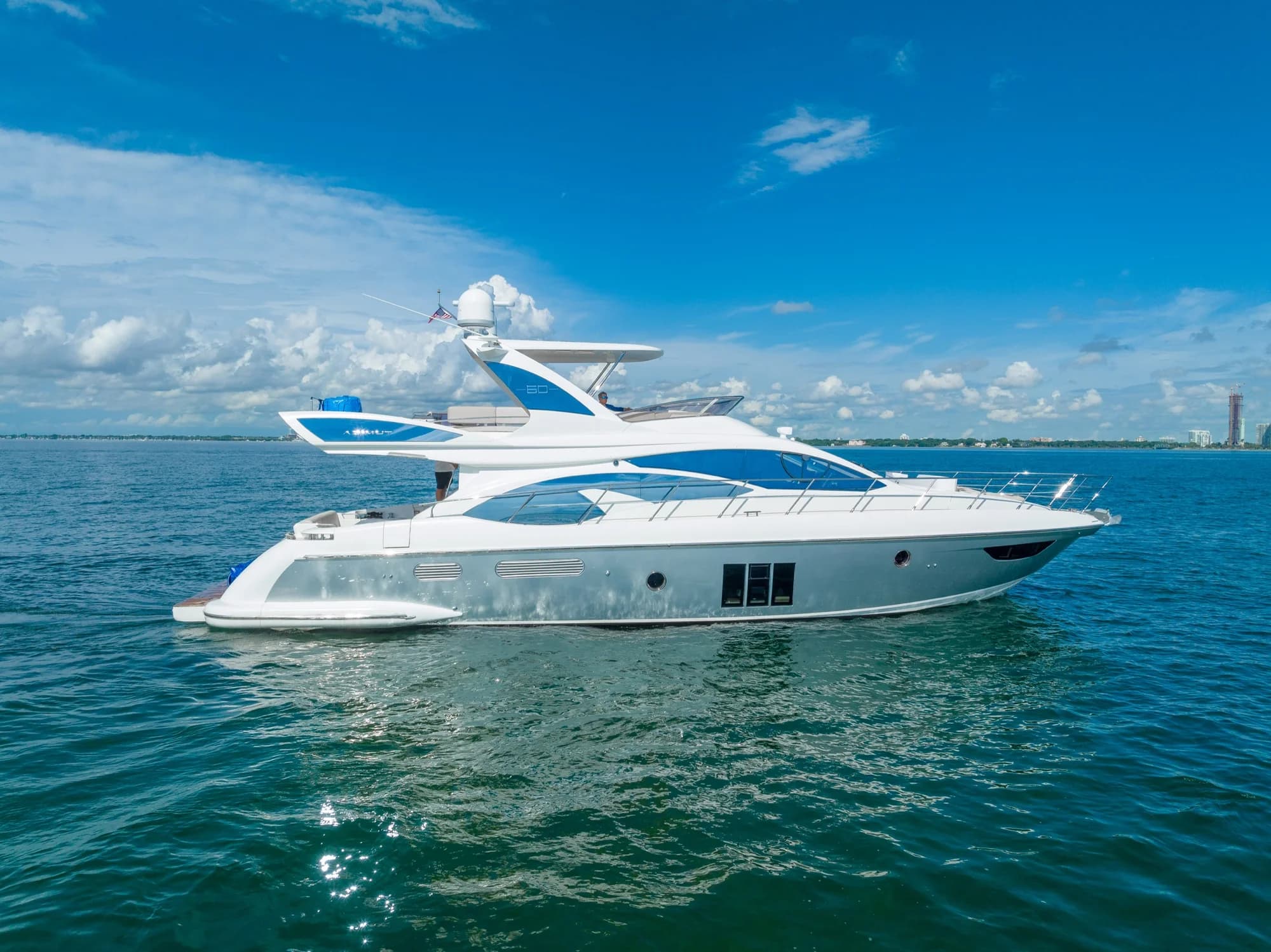 60-foot Azimut Bravo exterior profile on the exact Miami charter yacht.